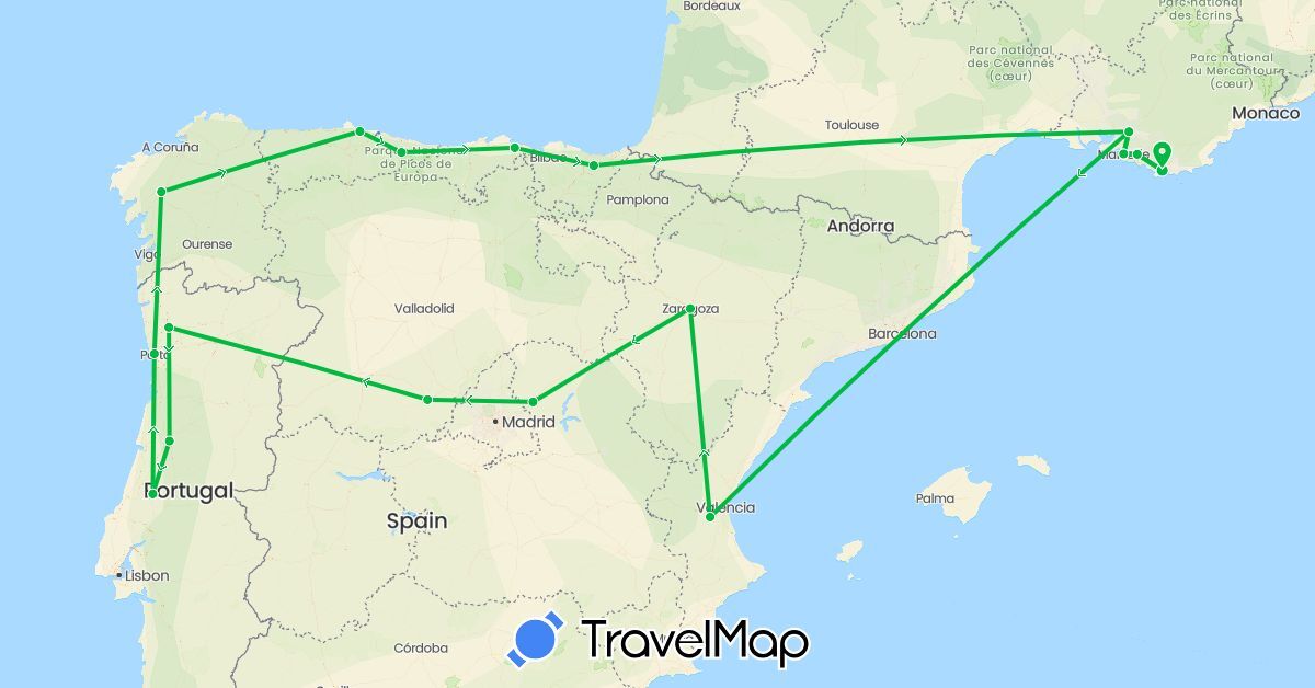 TravelMap itinerary: bus in Spain, France, Portugal (Europe)